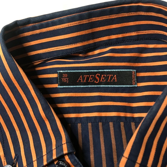 Men’s Orange/Navy Blue Italian Cotton Dress Shirt Long Sleeve - Picture 6 of 13